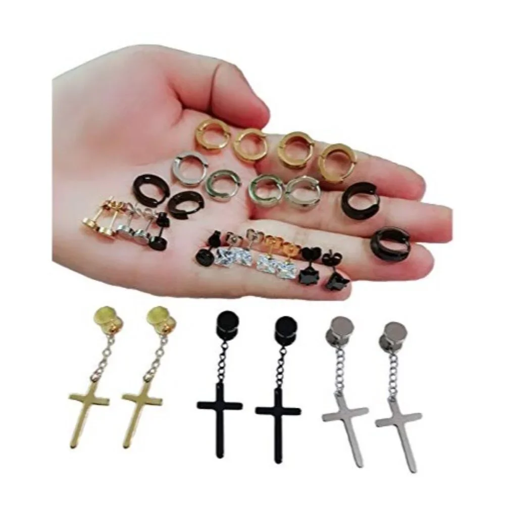 15 Pairs PUNK Stainless Steel Cross Dangle Hinged Earrings Hoop SET